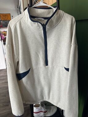DSG Quarter-Zip Oatmeal Oversize Pullover with Navy Trim